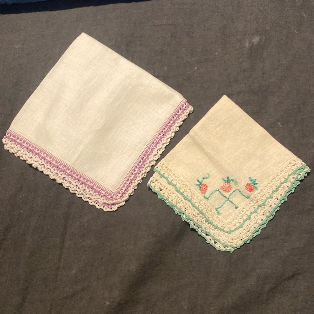 2 Hand Embroidered and Crocheted Vintage Hankerchiefs.  EUC
